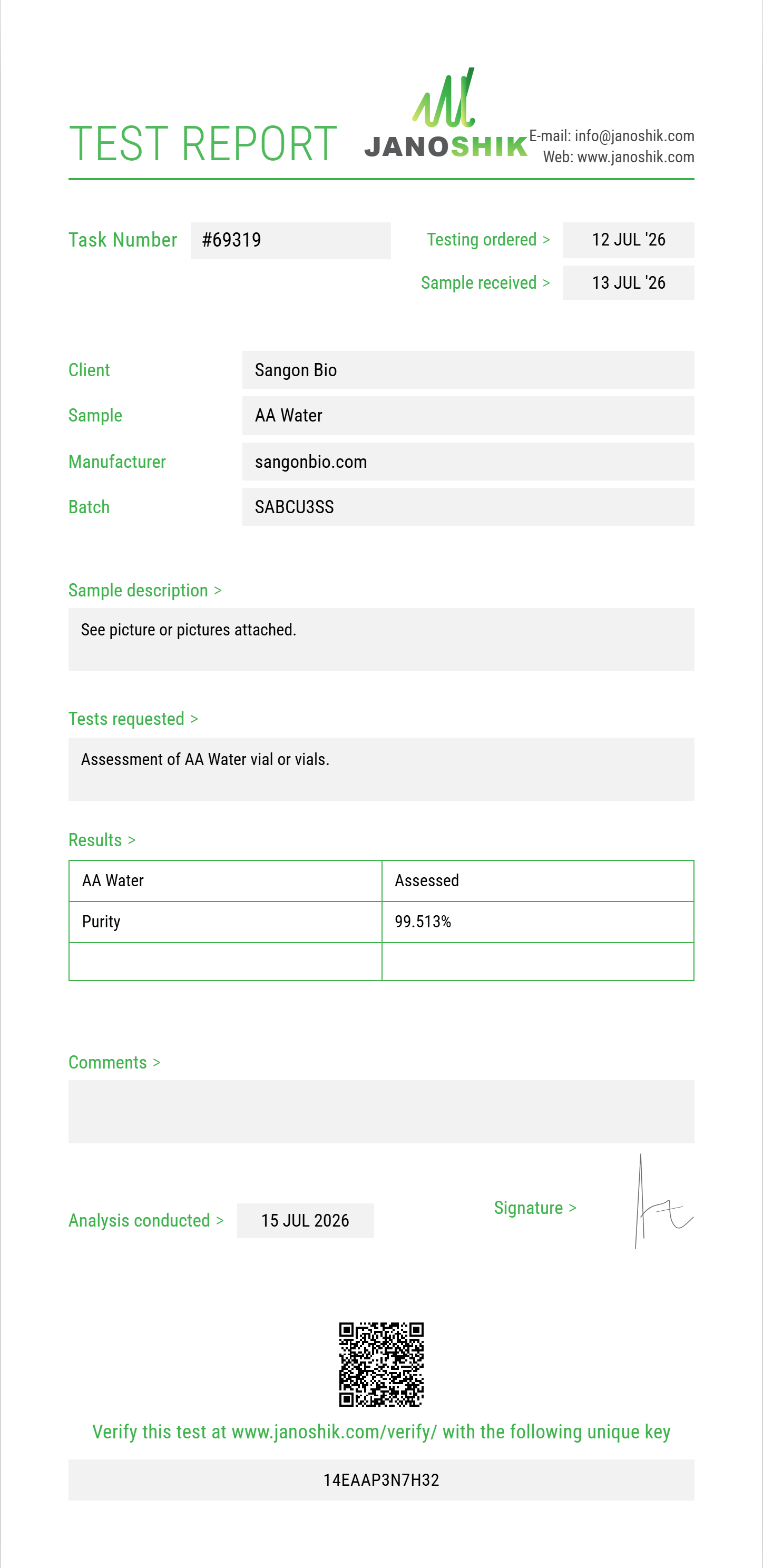 AA Water Purity (HPLC) report by Janoshik Analytical