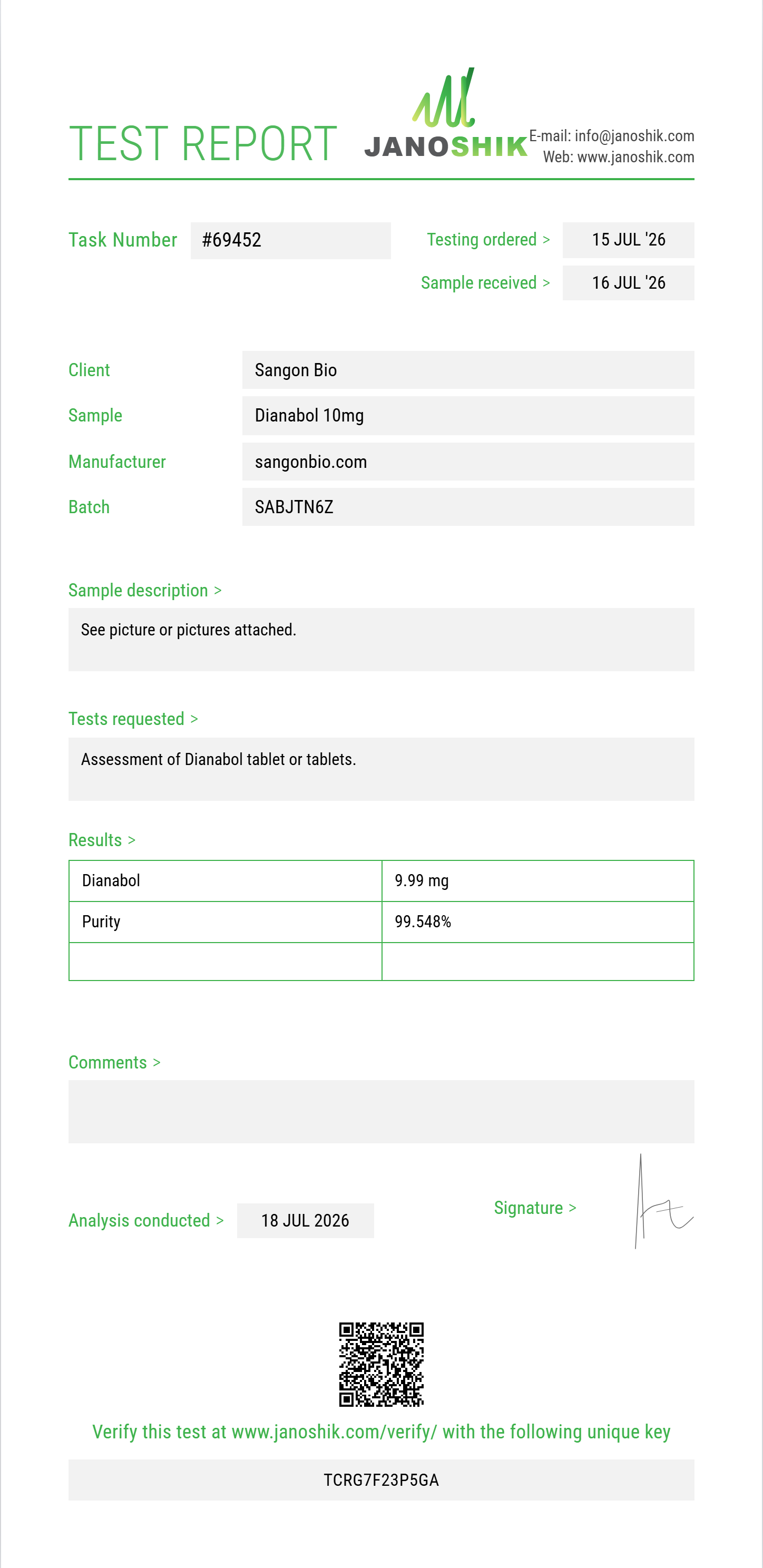 Dianabol Purity (HPLC) report by Janoshik Analytical