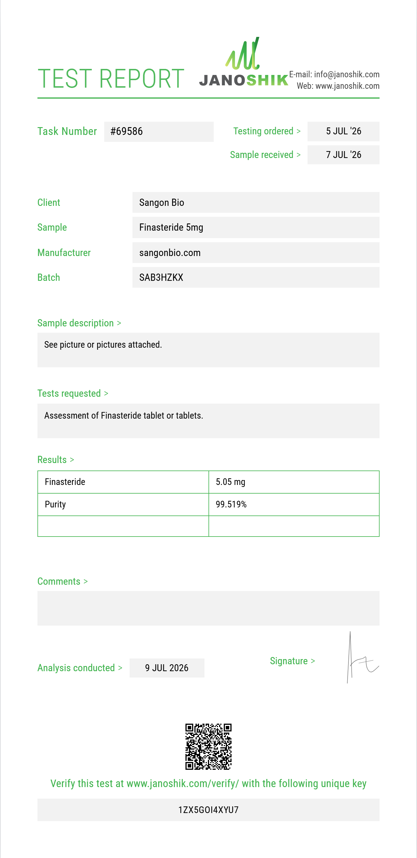 Finasteride Purity (HPLC) report by Janoshik Analytical