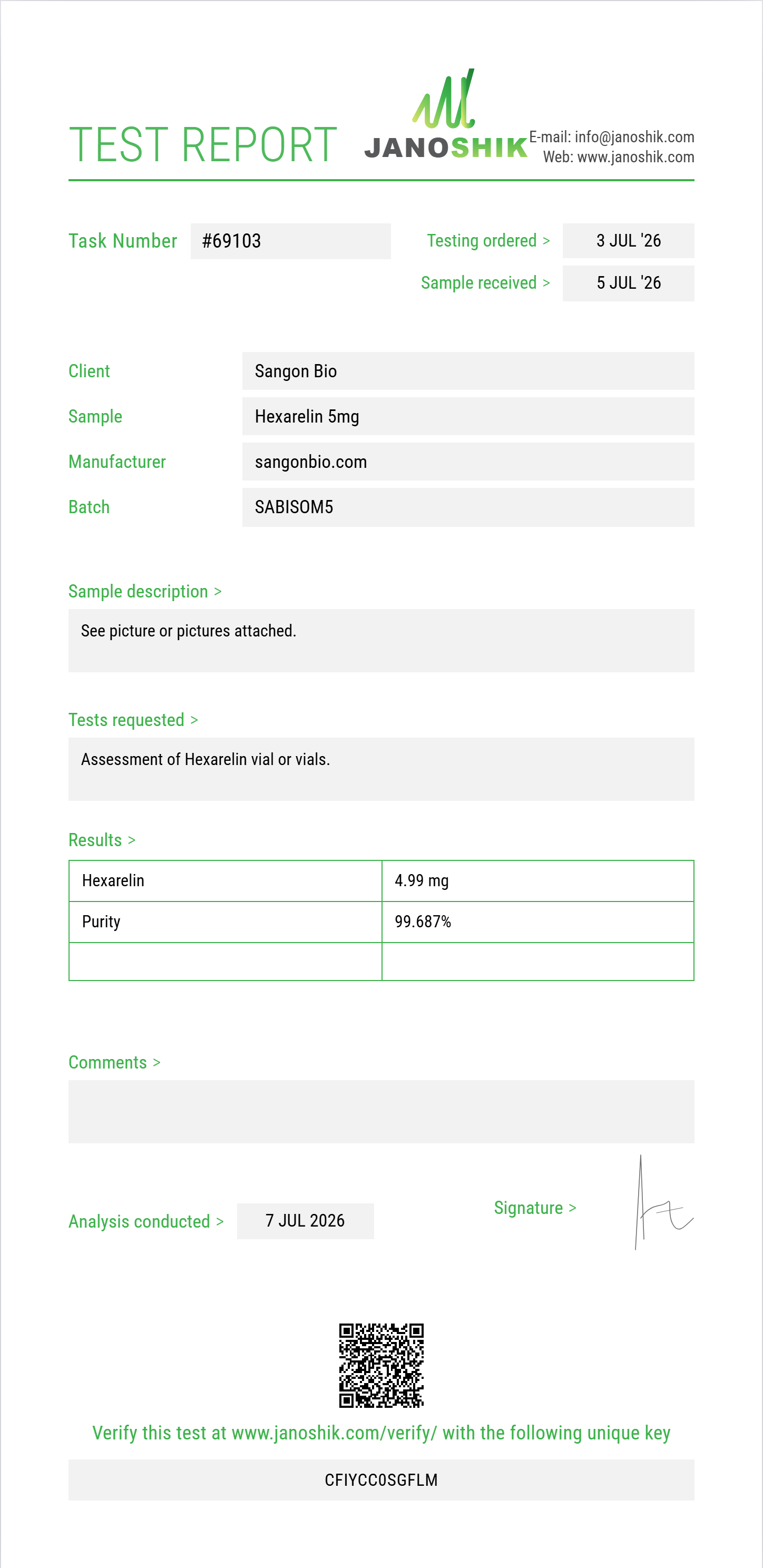 Hexarelin Purity (HPLC) report by Janoshik Analytical