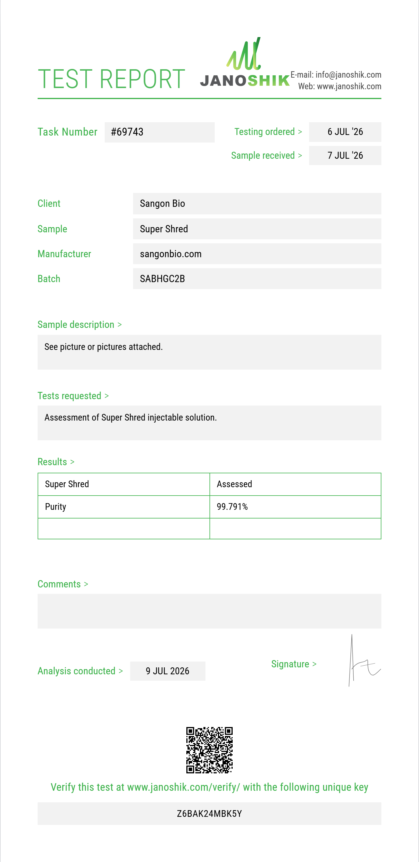 Super Shred Purity (HPLC) report by Janoshik Analytical
