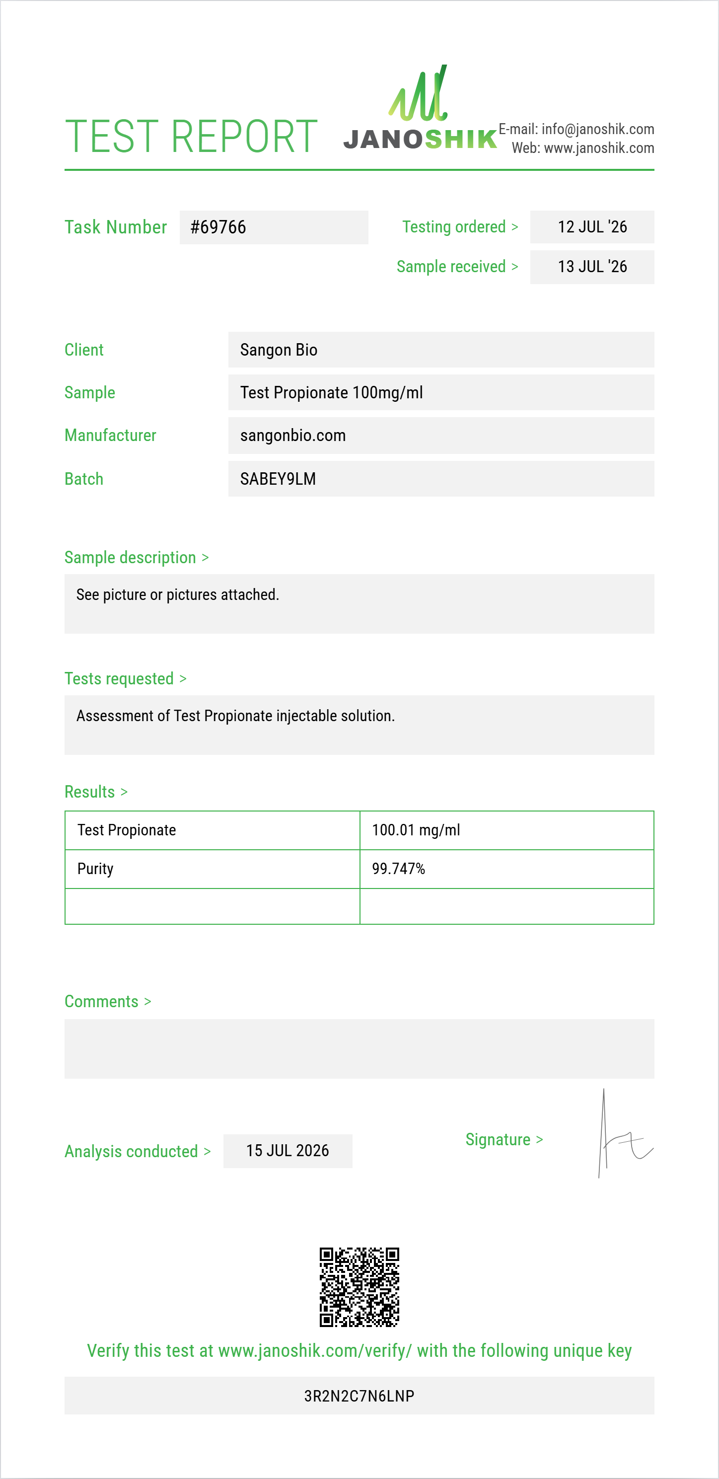 Test Propionate Purity (HPLC) report by Janoshik Analytical