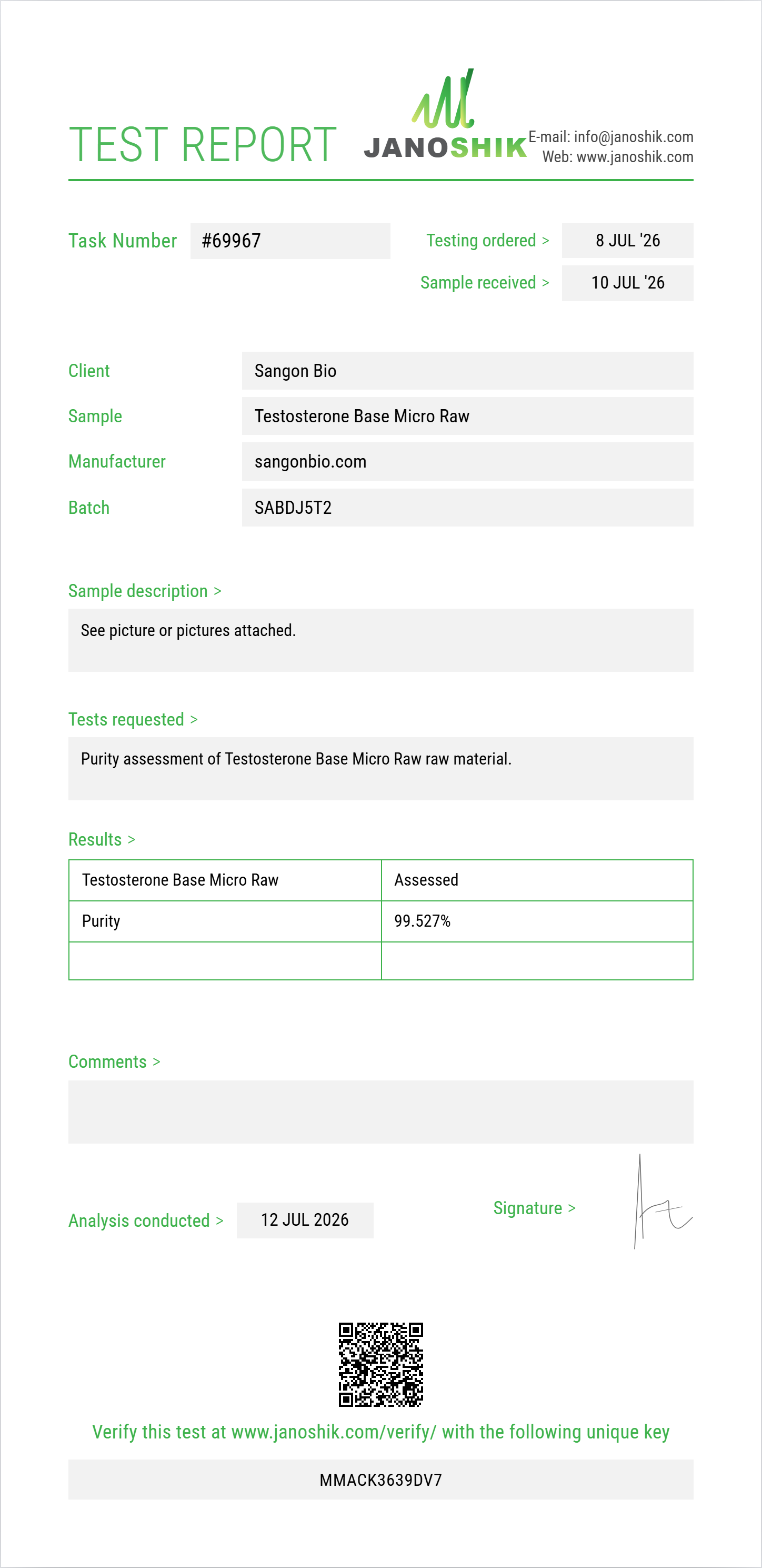 Testosterone Base Micro Raw Purity (HPLC) report by Janoshik Analytical