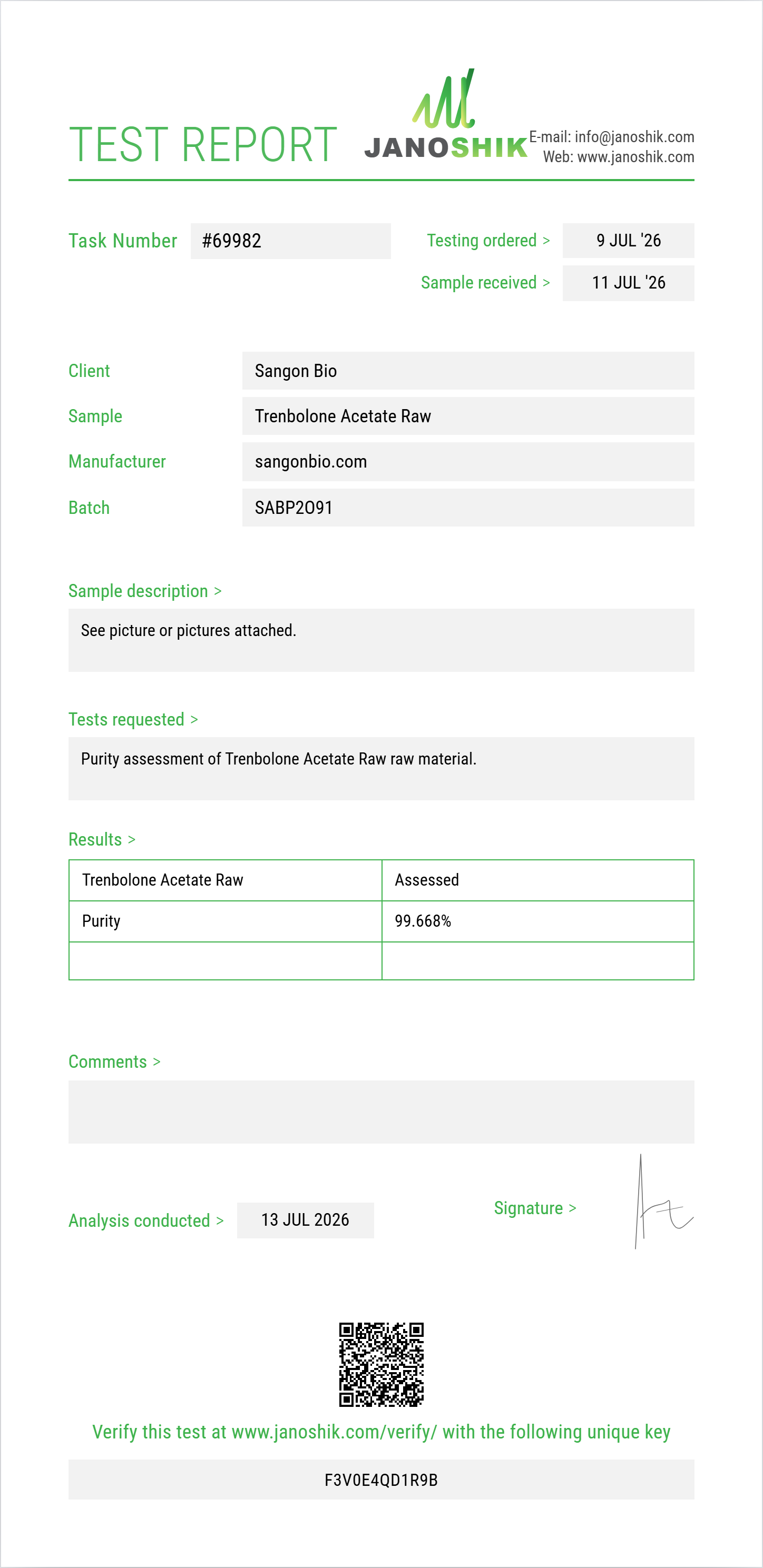 Trenbolone Acetate Raw Purity (HPLC) report by Janoshik Analytical