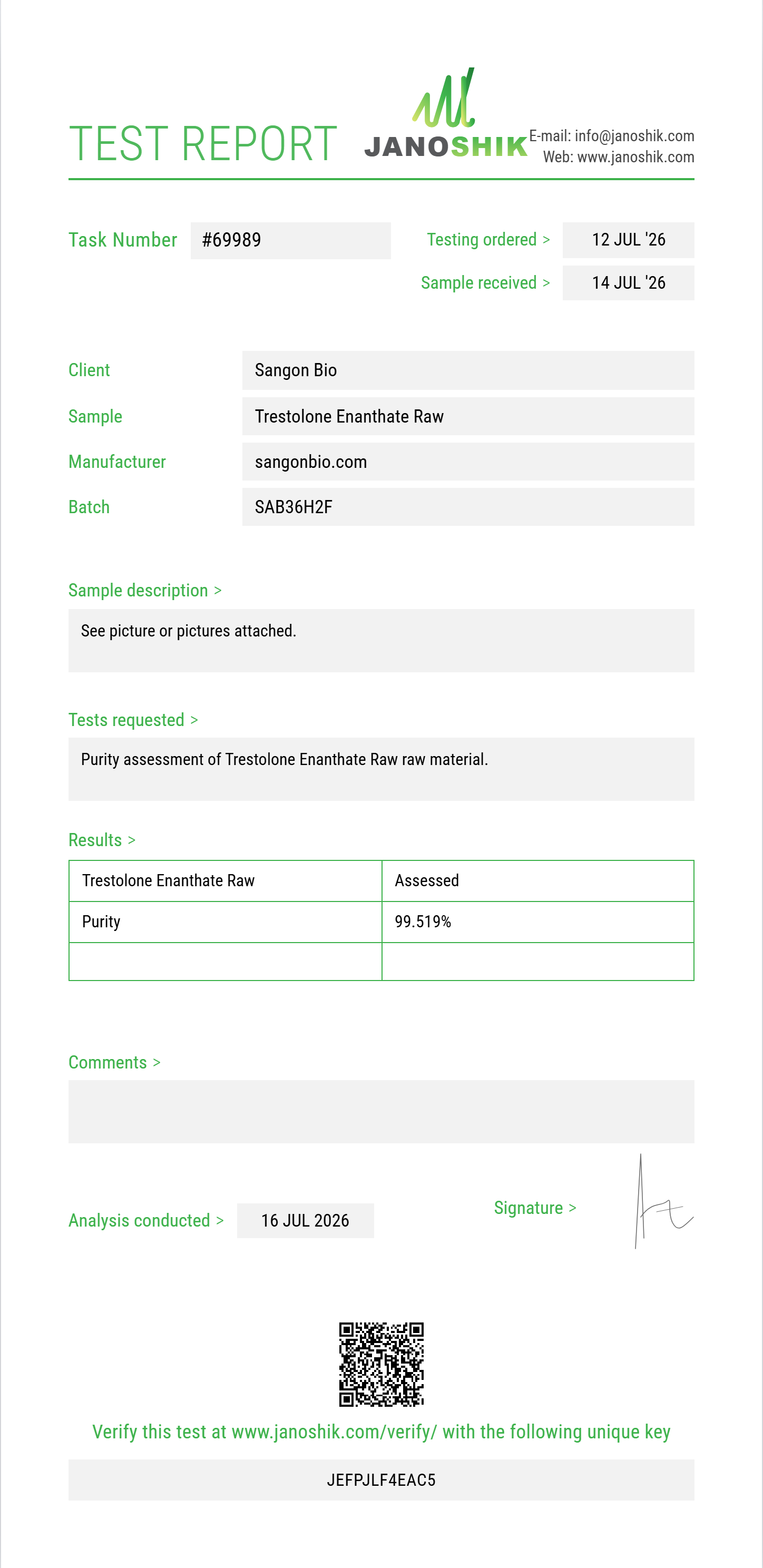 Trestolone Enanthate Raw Purity (HPLC) report by Janoshik Analytical