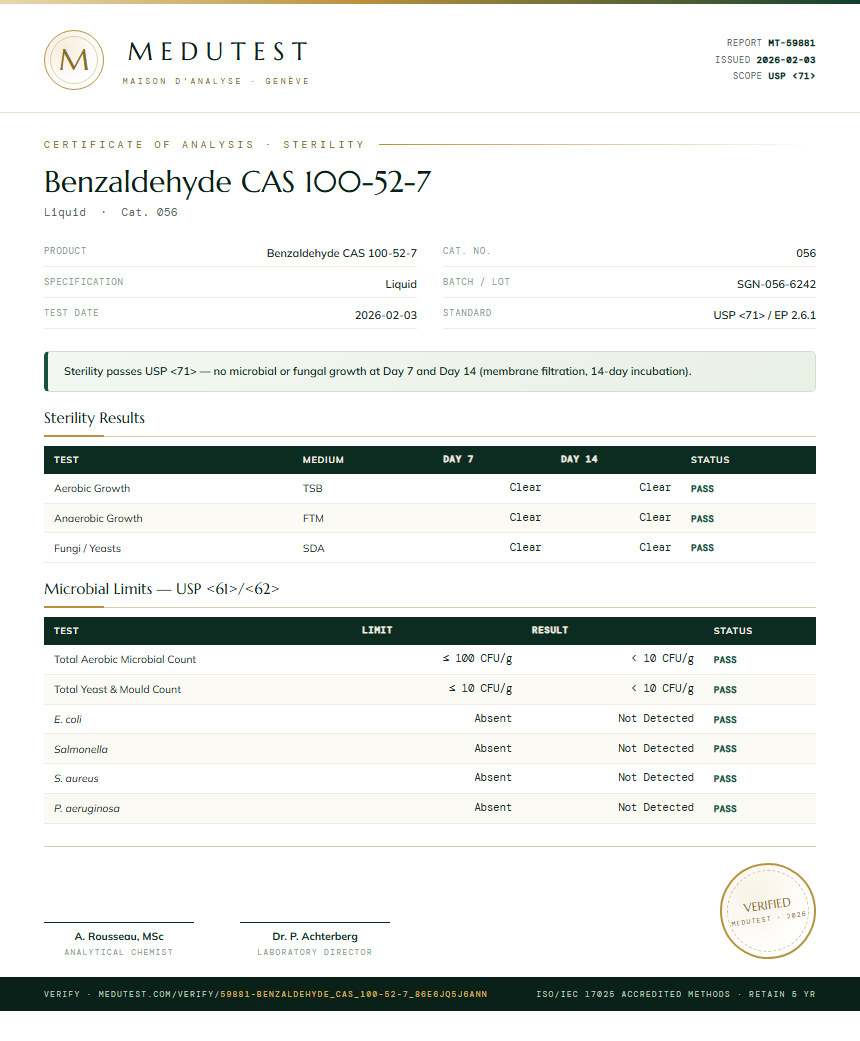 Benzaldehyde CAS 100-52-7 Sterility report by Medutest