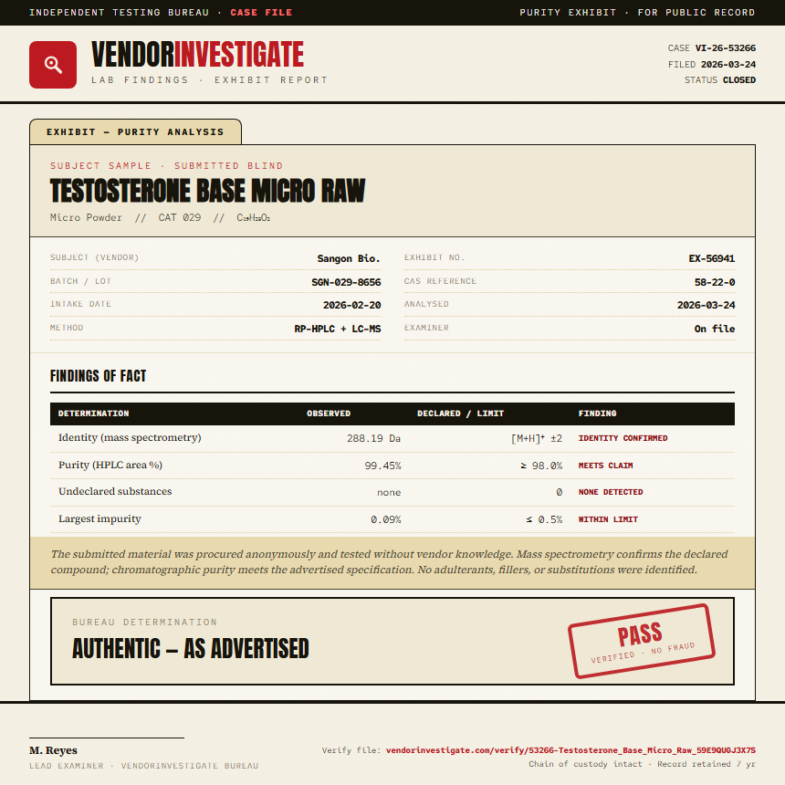 Testosterone Base Micro Raw Purity (HPLC) report by VendorInvestigate
